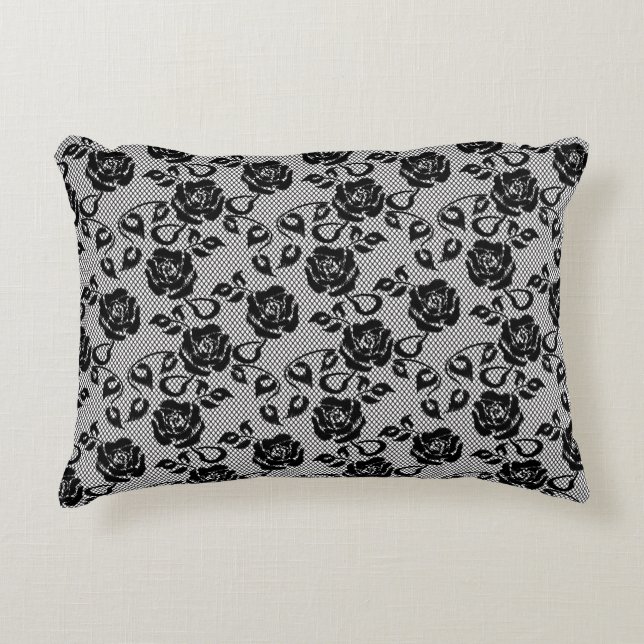 Black lace pattern on white background decorative cushion (Front)