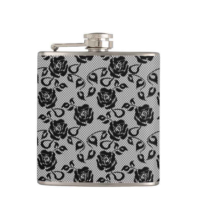 Black lace pattern on white background hip flask (Front)