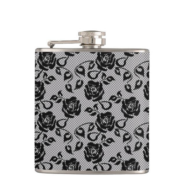 Black lace pattern on white background hip flask (Front)