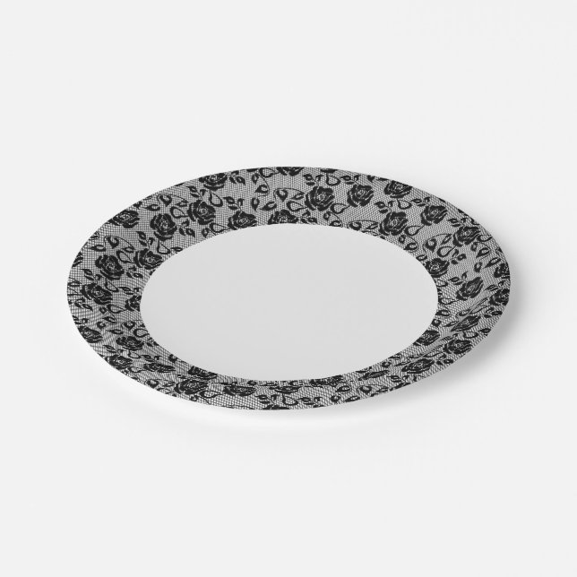 Black lace pattern on white background paper plate (Angled)