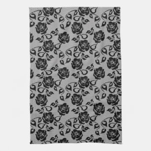Black lace pattern on white background tea towel