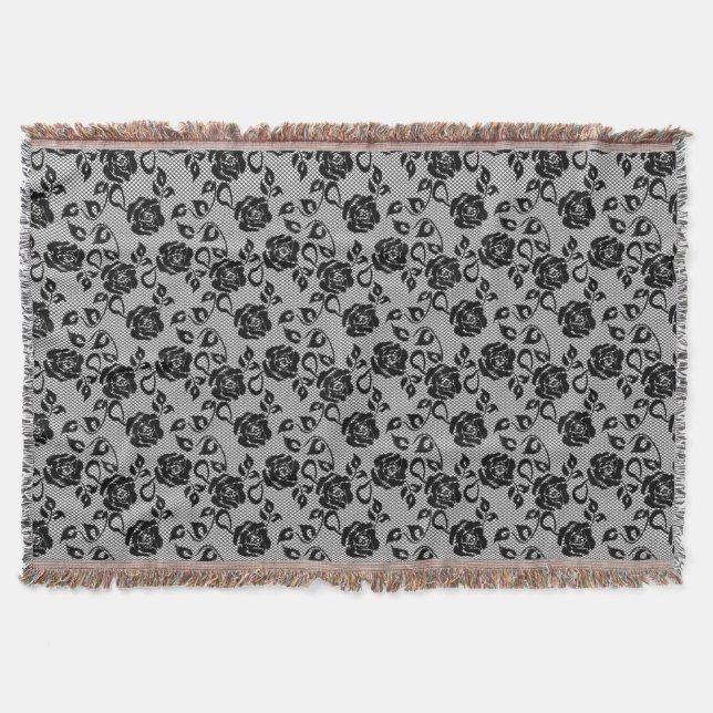 Black lace pattern on white background throw blanket (Front)