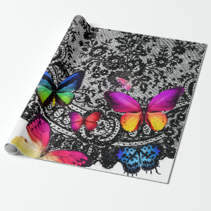 BLACK LACE PATTERN WITH BUTTERFLIES Wrapping Paper
