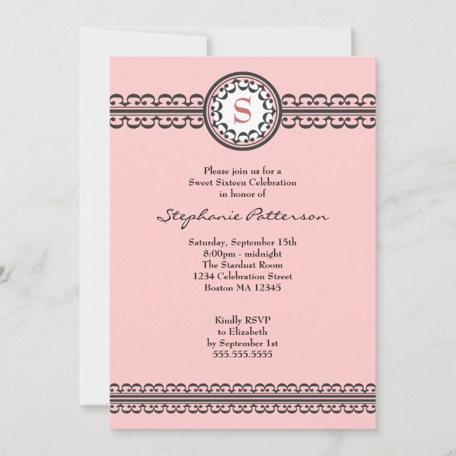Black Lace Pink Monogram Sweet 16 Invitation (Front)
