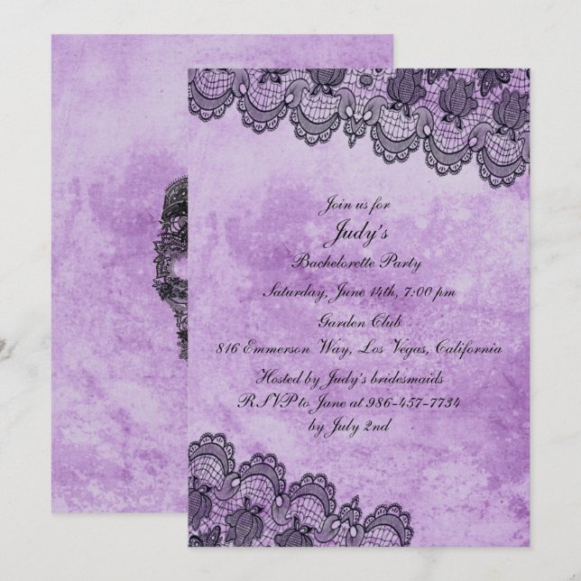 Black Lace Purple Gothic Bachelorette Party Invitation (Front/Back)