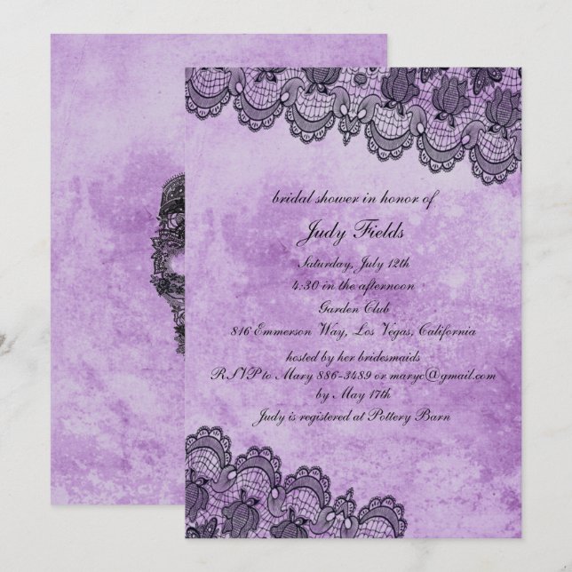 Black Lace Purple Gothic Wedding Bridal Shower Invitation (Front/Back)