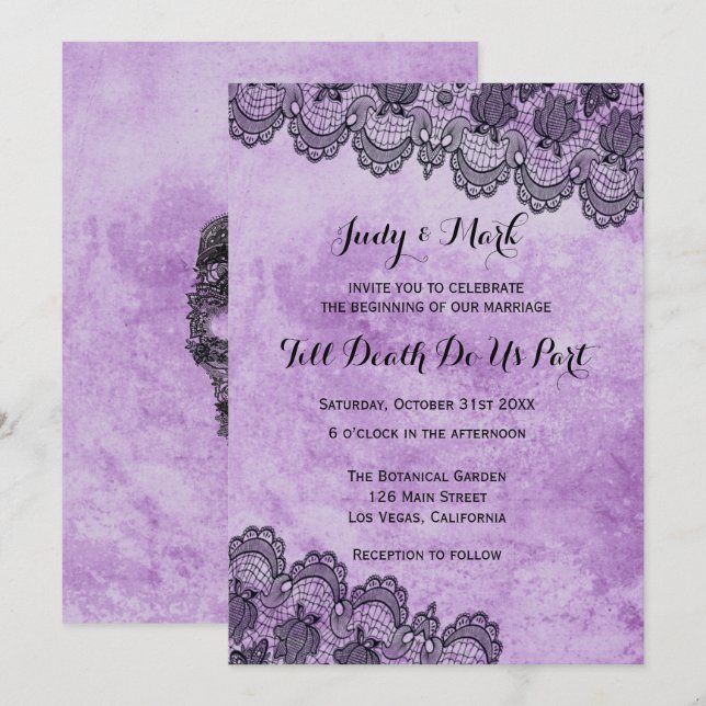 Black Lace Purple Gothic Wedding Invitation (Front/Back)