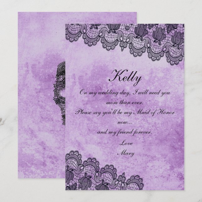 Black Lace Purple Gothic Wedding Maid Of Honour Invitation (Front/Back)