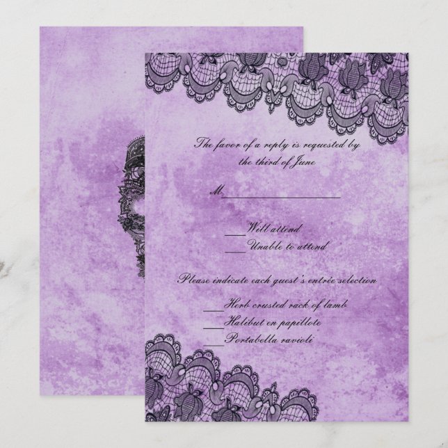 Black Lace Purple Gothic Wedding Response Invitation (Front/Back)