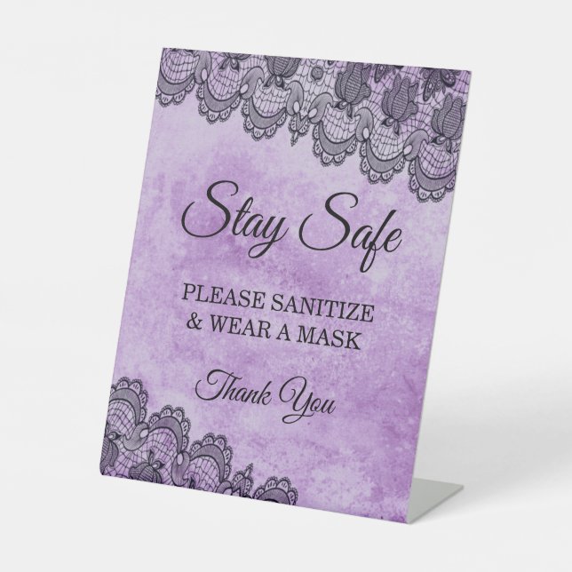 Black Lace Purple Gothic Wedding Safety Pedestal Sign (Front)