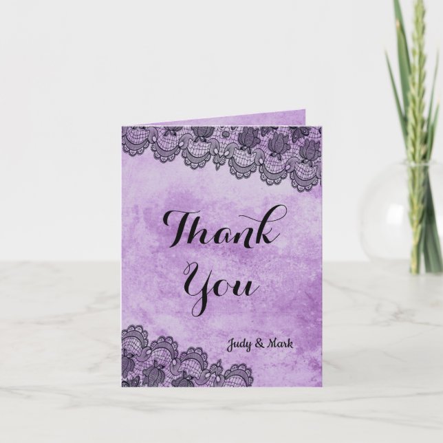 Black Lace Purple Gothic Wedding Thank You Card (Front)