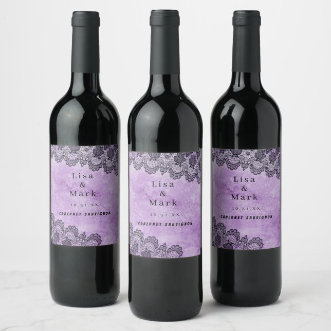 Black Lace Purple Gothic Wedding Wine Labels (Bottles)
