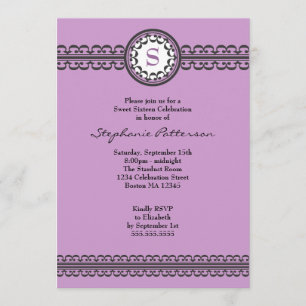 Black Lace Purple Monogram Sweet 16 Invitation