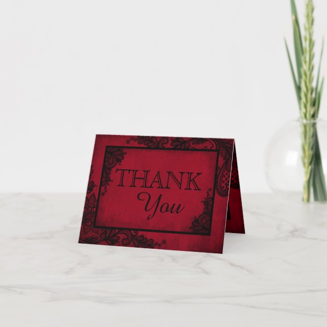 Black Lace Red Modern Goth Thank You Card (Front)