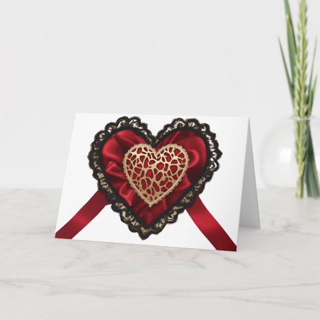 Black Lace Red Solk Gold Valentine's Day Heart Car Card (Front)