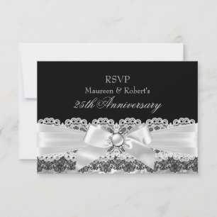 Black Lace & Silver Pearl Bow Anniversary RSVP Card