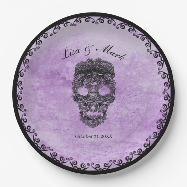 Black Lace Skull Purple Gothic Wedding Paper Plate (Front)