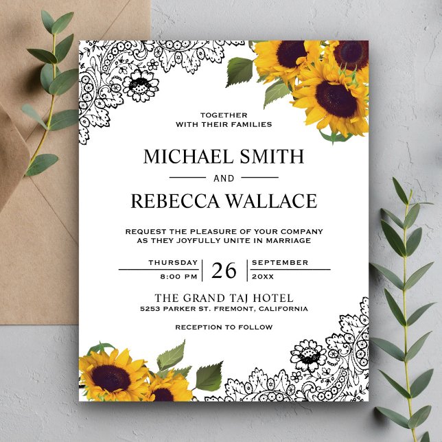 Black Lace Sunflower Budget Wedding Invitation (Creator Uploaded)