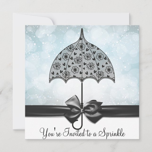 Black Lace Umbrella Blue Baby Sprinkle Baby Shower Invitation (Front)