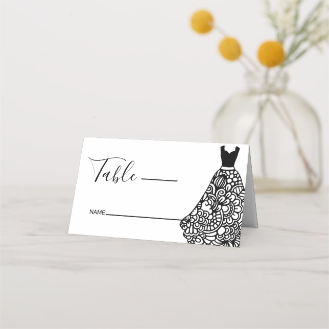 Black Lace Wedding Dress Place Card (Front)