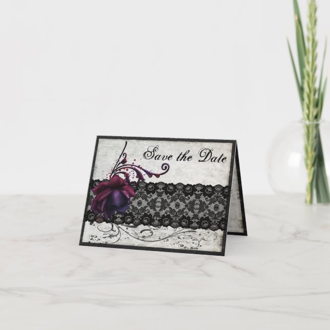Black Lace Wedding Save the Date Invitation (Front)
