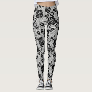 Black Lace with Roses on White Leggings