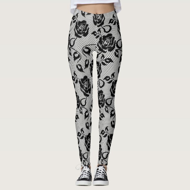 Black Lace with Roses on White Leggings (Front)
