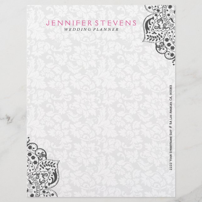 Black Lace With White Damasks Background Custom Letterhead (Front)