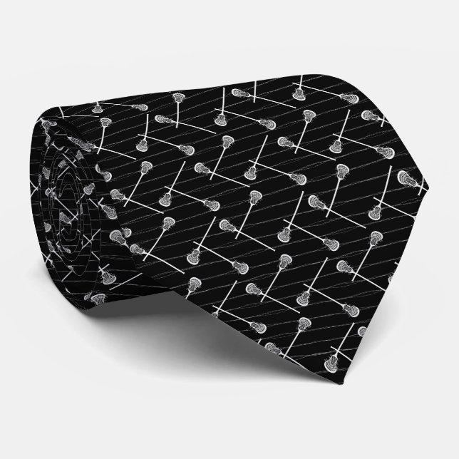 Black Lacrosse White Sticks Patterned Tie (Rolled)
