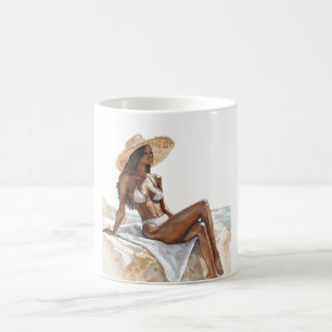 Black Lady Beach Straw Hat Coffee Mug
