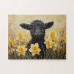 Black Lamb and Yellow Daffodils Painting Jigsaw Puzzle<br><div class="desc">This charming painting features a sweet black lamb nestled among bright yellow daffodils,  creating a warm and inviting springtime scene. The contrast between the dark lamb and vibrant flowers brings a sense of freshness and joy to the artwork.</div>
