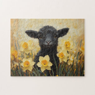 Black Lamb and Yellow Daffodils Painting Jigsaw Puzzle