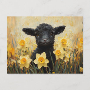 Black Lamb and Yellow Daffodils Painting Postcard