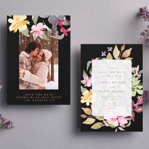 Black Large Floral Frame Watercolor Wedding Photo Save The Date