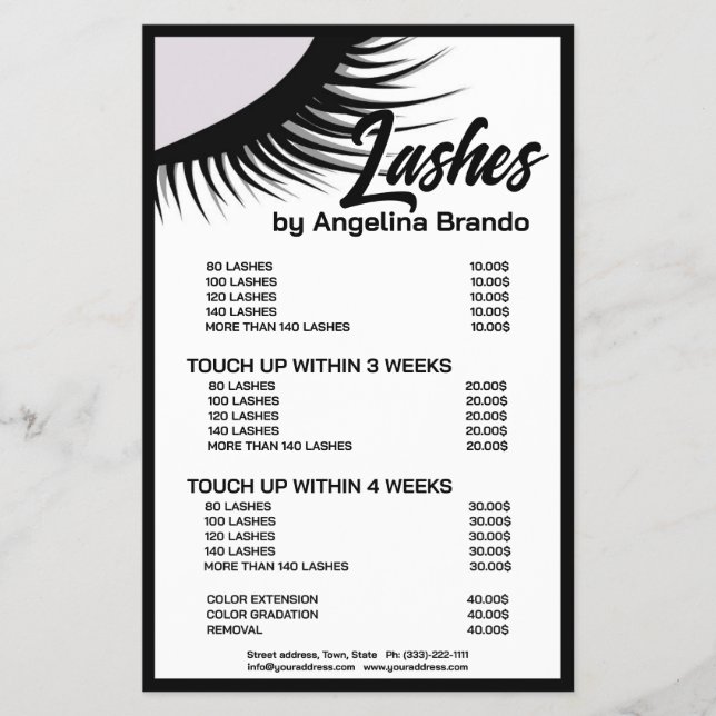 Black Lashes Eyelash Extensions White Price List Flyer (Front)