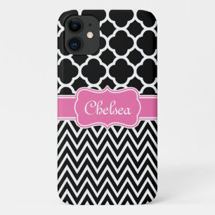 Black Lattice / Chevron Patterns Pink Name iPhone 11 Case