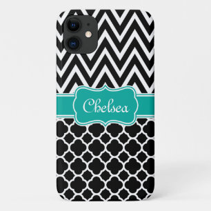 Black Lattice / Chevron Patterns Teal Name iPhone 11 Case