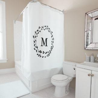 Black Laurel Garland Wreath Monogram Shower Curtain
