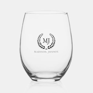  Black Laurel Wreath Black Monogram And Name Stemless Wine Glass