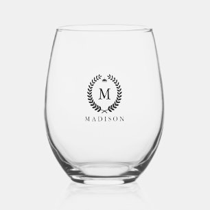 Black Laurel Wreath Crown Custom Monogram Stemless Wine Glass