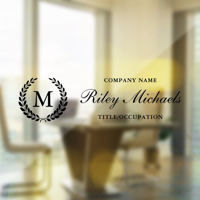 Black Laurel Wreath Elegant Monogram Name Title Window Cling (Creator Uploaded)