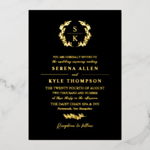 Black Laurel Wreath Monogram Typography Wedding