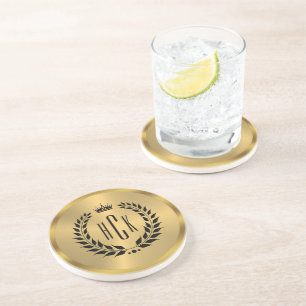 Black Laurel Wreath On Gold Custom Monogram Coaster