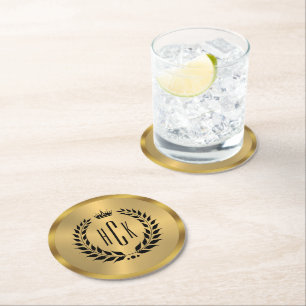 Black Laurel Wreath On Gold Custom Monogram Round Paper Coaster