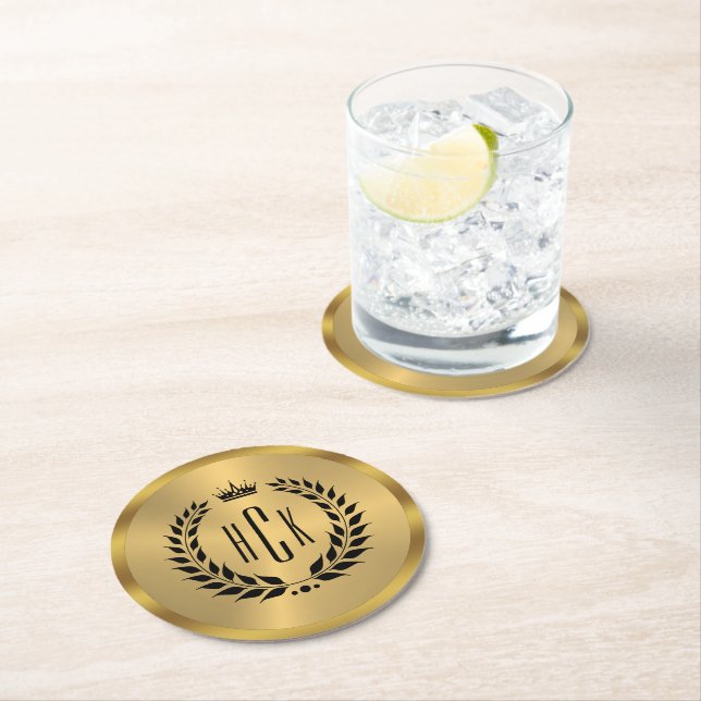 Black Laurel Wreath On Gold Custom Monogram Round Paper Coaster (Insitu)