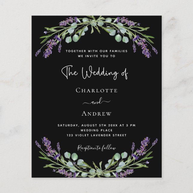 Black lavender QR RSVP budget wedding invitation (Front)