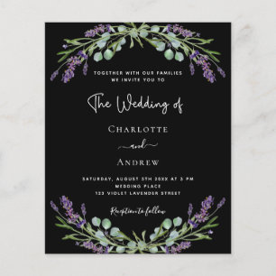 Black lavender QR RSVP budget wedding invitation
