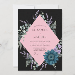 Black Lavender Zinnia Eucalyptus Wedding Invitation