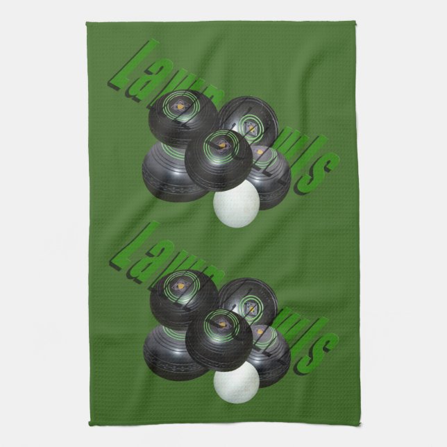 Black Lawn Bowls And Green Lawnbowls Logo, Green Tea Towel (Vertical)
