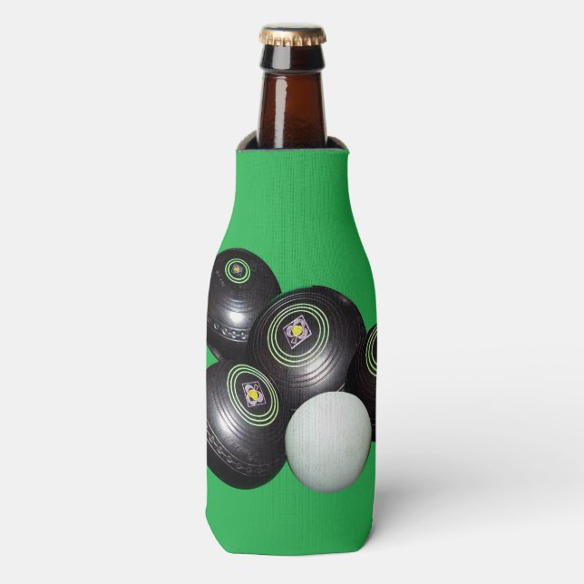Black Lawn Bowls On Green, Bottle Cooler (Bottle Front)